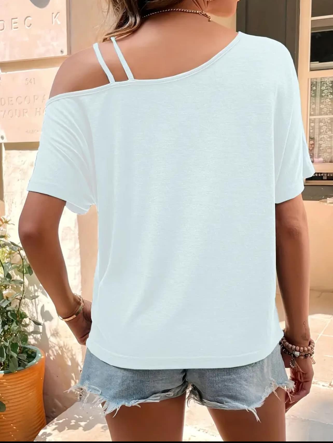 Chic one-Shoulder T-Shirt solid cotton blend casual short sleeve