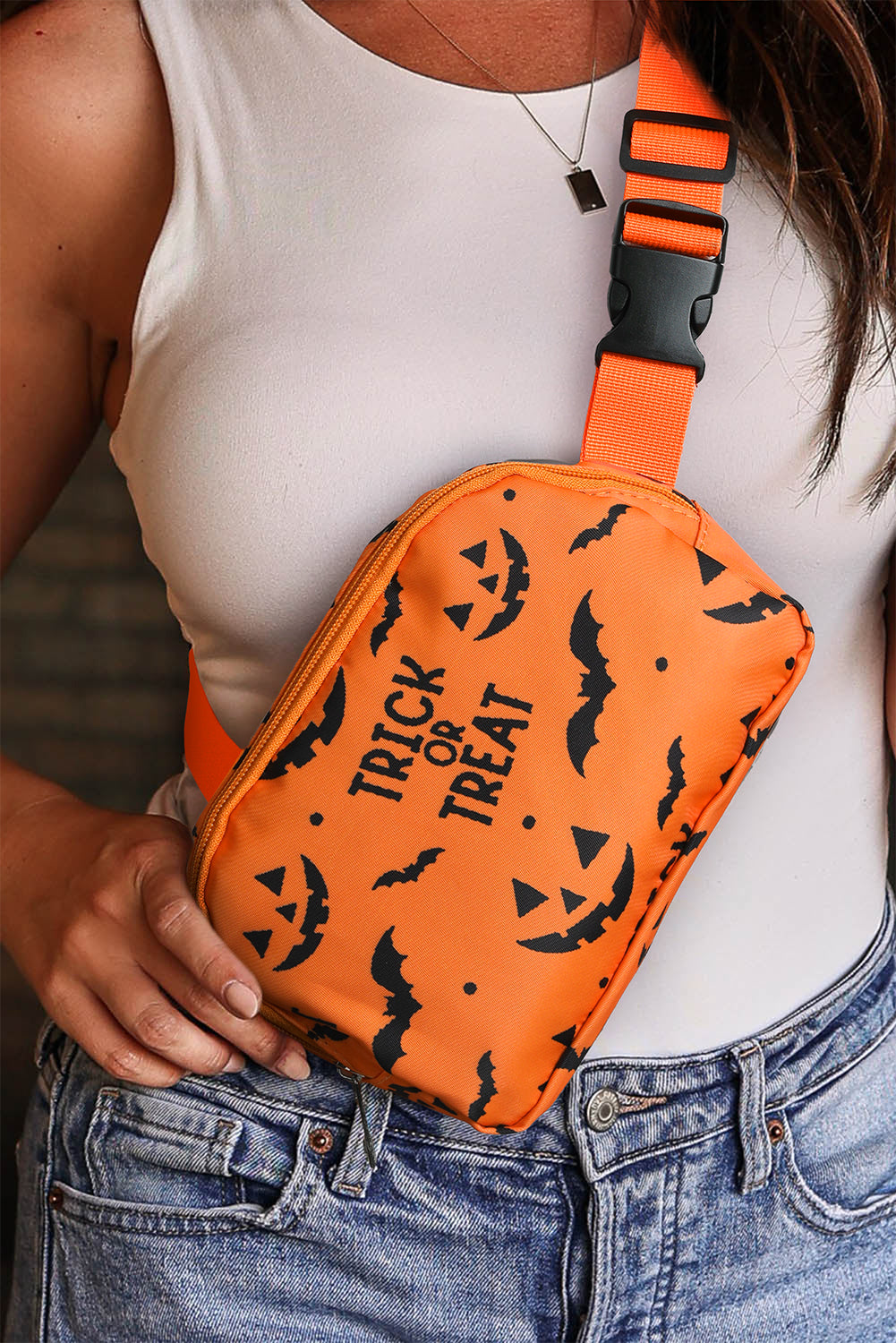 Orange Halloween TRICK OR TREAT Bat Pumpkin Print Crossbody Bag