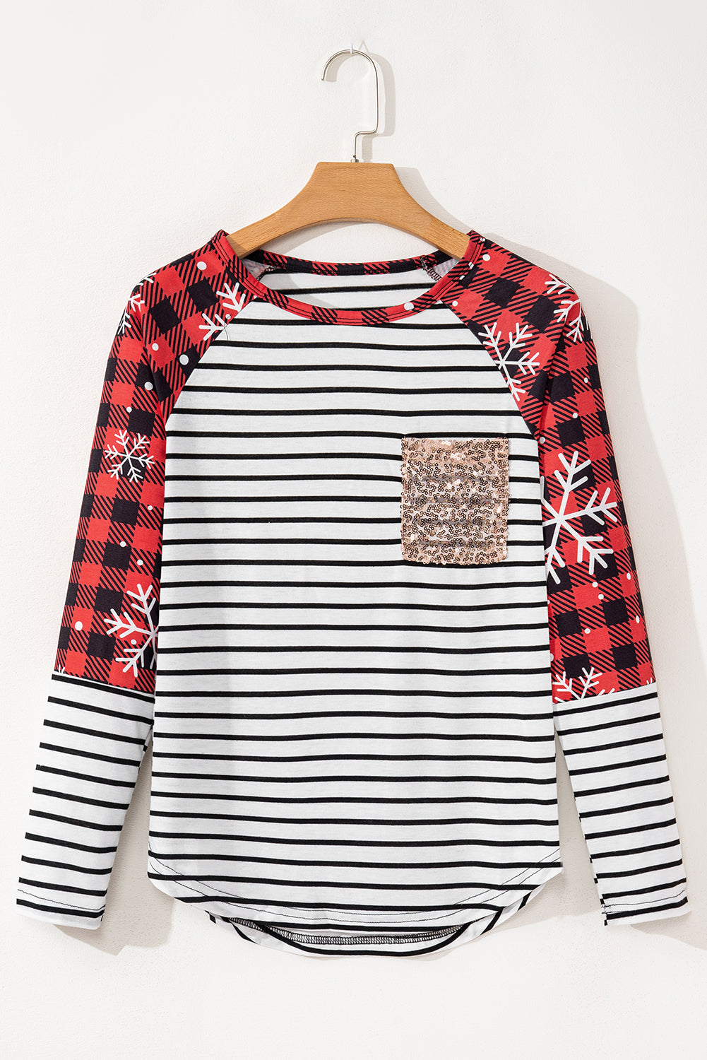 Red Stripe Christmas Plaid Striped Patchwork Long Sleeve Top