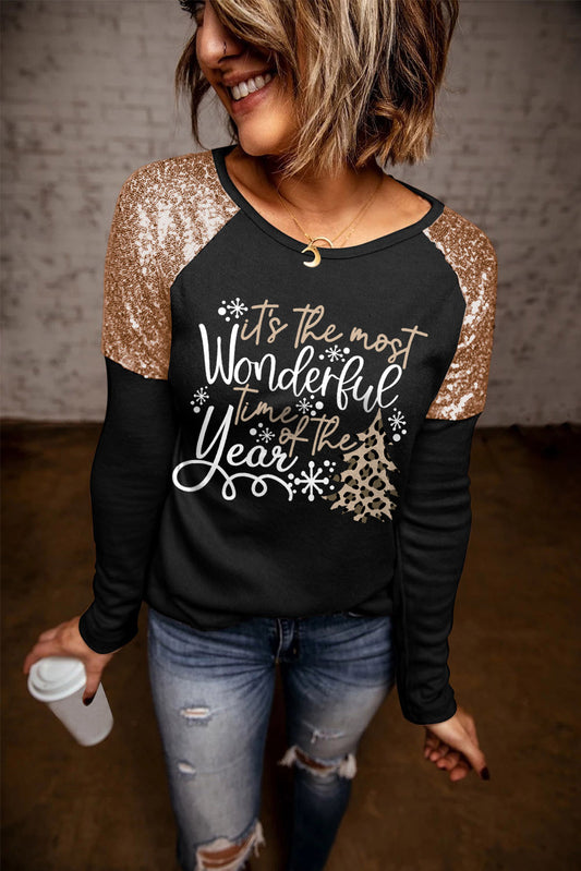 Black Wonderful Christmas Season Graphic Squin Sahoulder Top