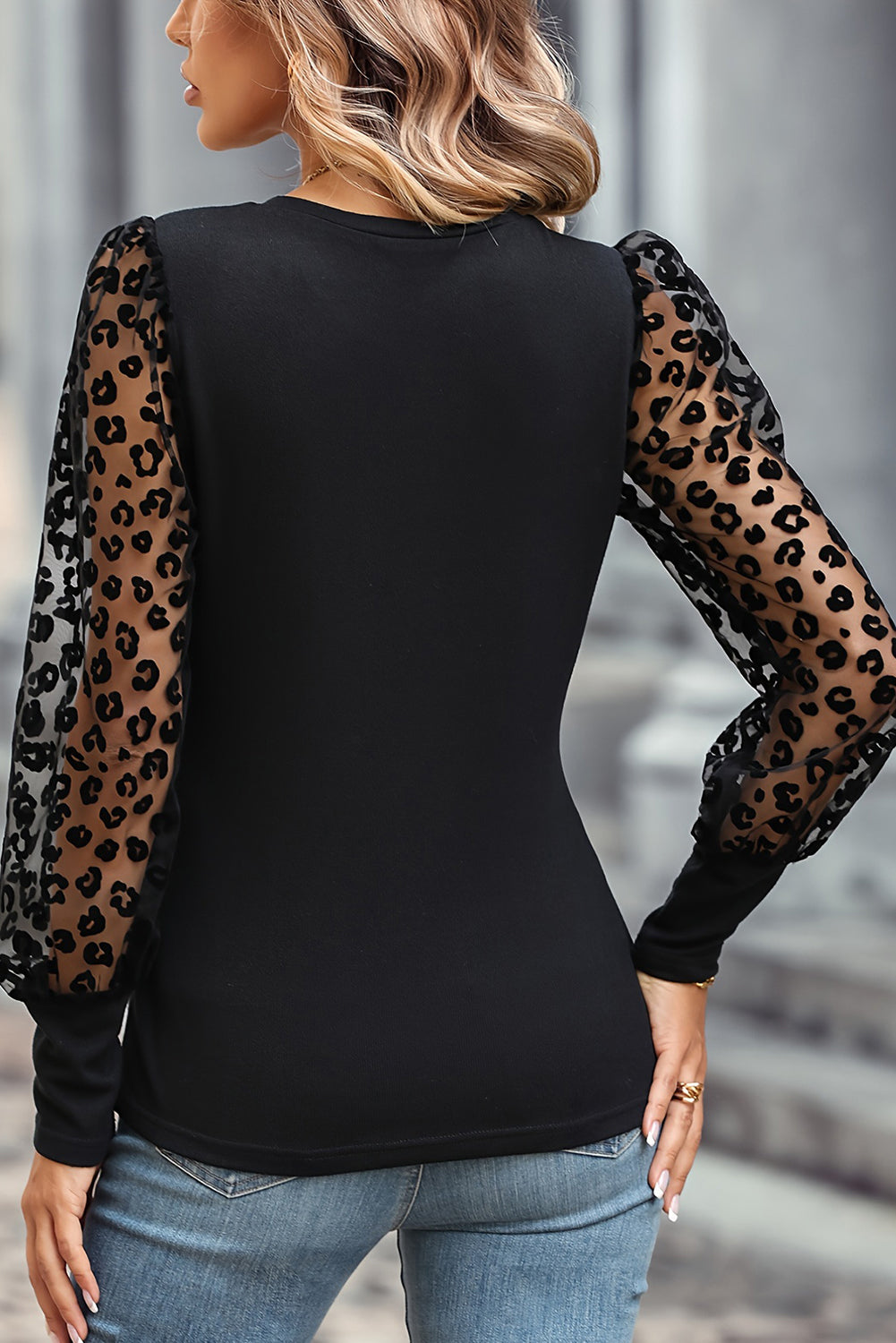 Black Leopard Mess Puff Sleeve