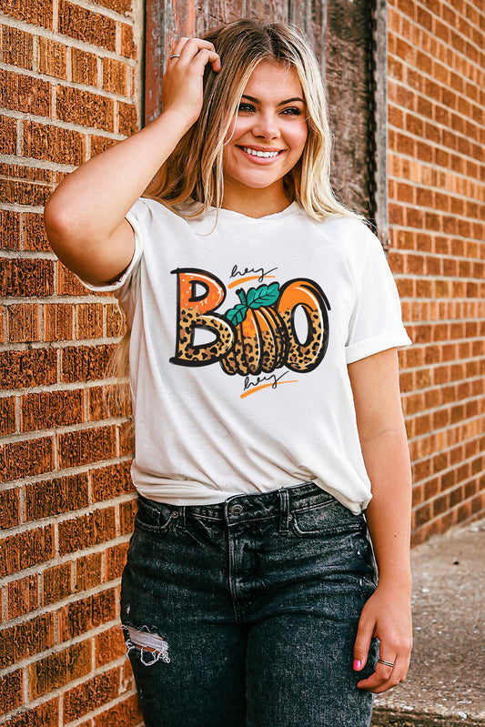 White Boo Pumpkin Leopard Print Crewneck T-shirt