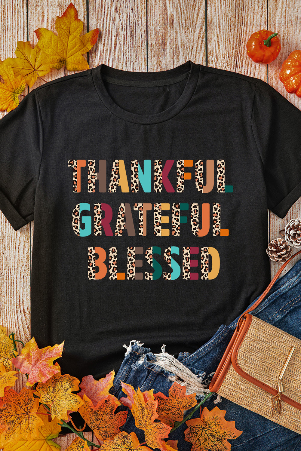 Black Thankful,Grateful,Blessed Leopard Print Crew Neck T-shirt