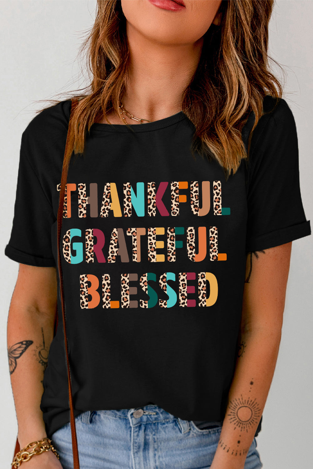 Black Thankful,Grateful,Blessed Leopard Print Crew Neck T-shirt