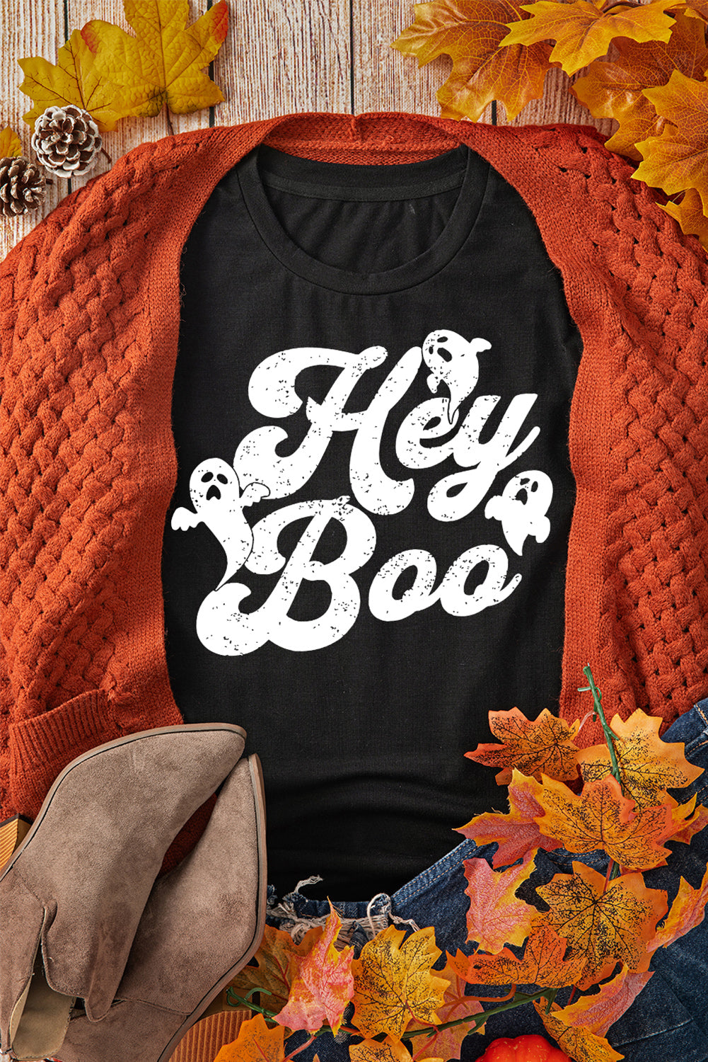 Black Halloween Hey Boo Ghost Print Crewneck T-shirt