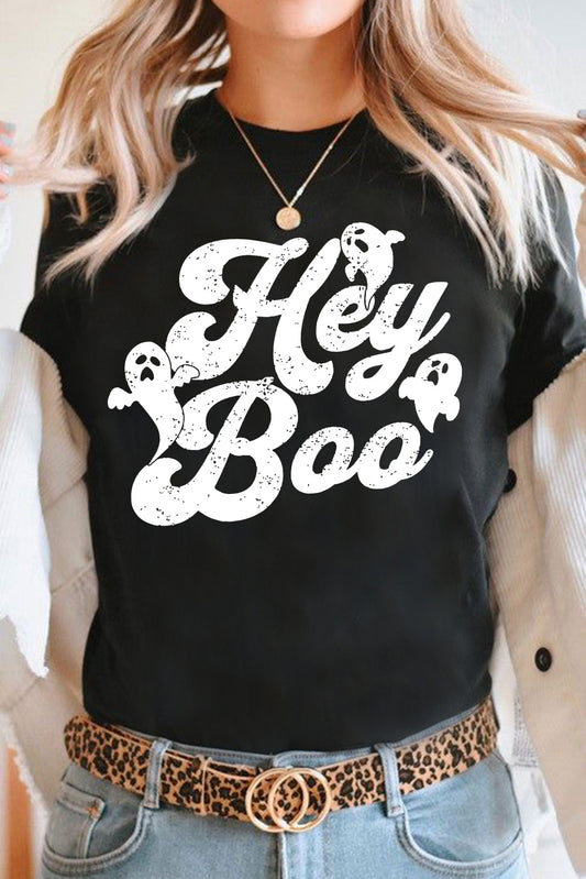 Black Halloween Hey Boo Ghost Print Crewneck T-shirt