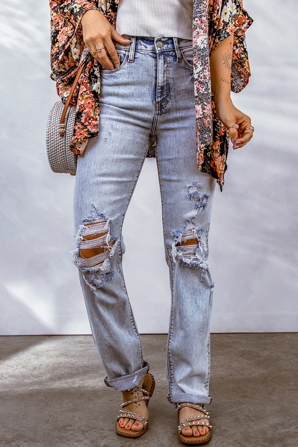 Sky Blue Acid Wash Senath Straight Leg Distressed Jeans