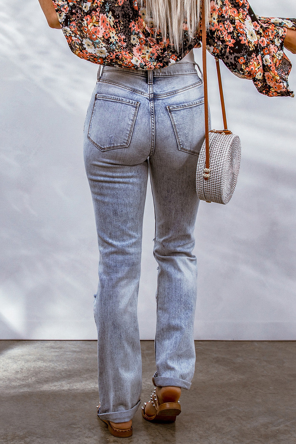 Sky Blue Acid Wash Senath Straight Leg Distressed Jeans