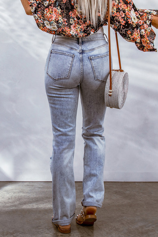 Sky Blue Acid Wash Senath Straight Leg Distressed Jeans