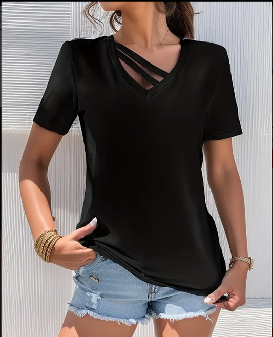 Black V Neck Short Sleeve Shirt